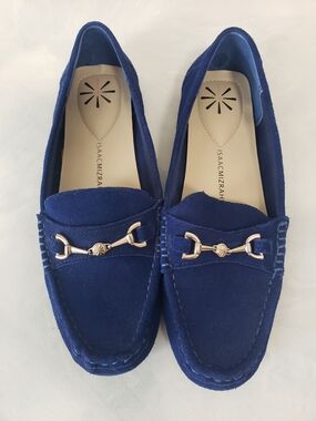 Isaac Mizrahi Deep Blue Suede Loafers with Gold-Tone Bit